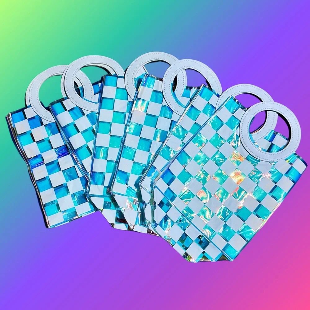 NWT 6Pc Clear Iridescent‎ + White Checkered PVC Bag Set